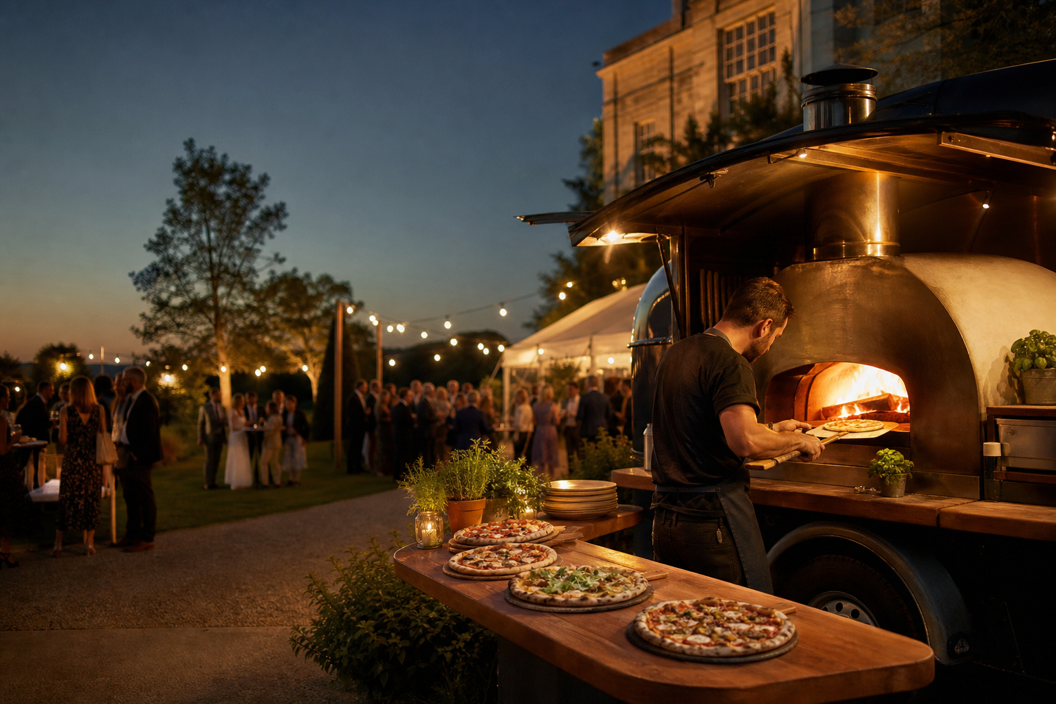Mobile pizza truck serving fresh pizzas at an elegant outdoor event